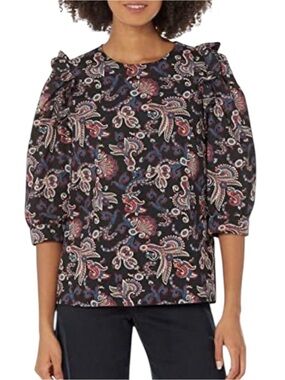 ba&sh Rym Black Paisley Puff-Sleeve ruffled blouse  size L excellent condition